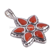 Coral and 925 Sterling Silver Flower Pendant